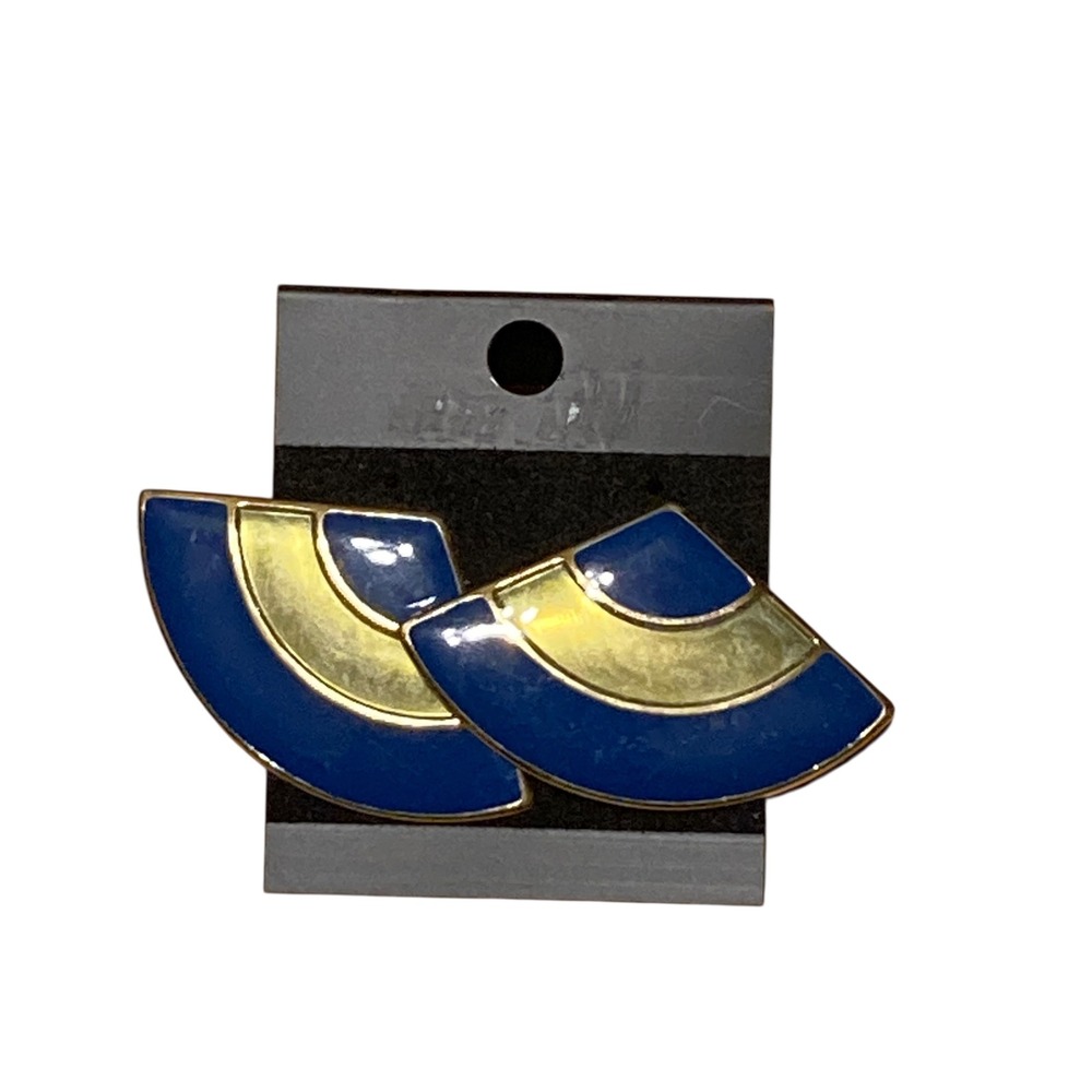 Vintage Art Deco Navy Blue Gold Enamel Fan Stud Earrings Geometric Retro